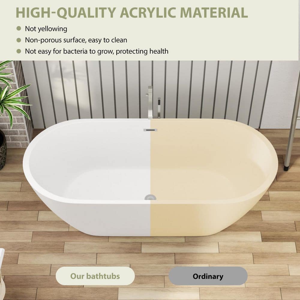 WELLFOR 67 in. x 31.5 in. Soaking Bathtub with Center Drain in Gloss White with Chrome Overflow and Pop-Up Drain (3)