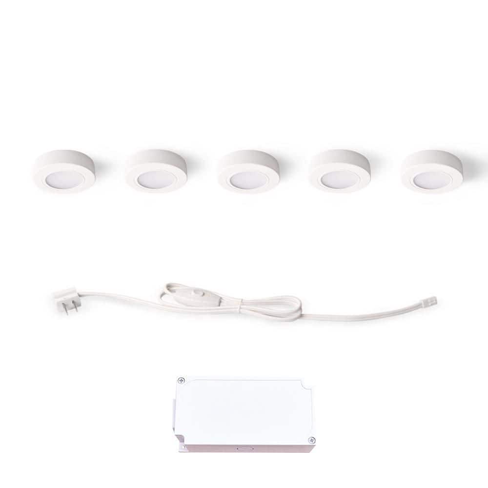 PRIVATE BRAND UNBRANDED Plug-In 5-Light White Dimmable Integrated LED Under Cabinet Puck Light with J-box (2)