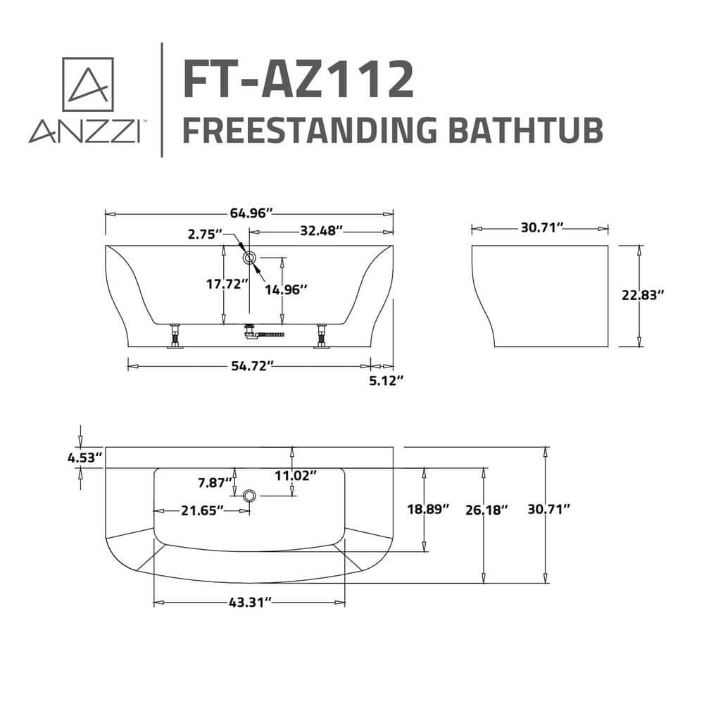 ANZZI Bank Series 65 in. x 31 in. Flat Bottom Acrylic Freestanding Soaking Bathtub with Center Drain, Brushed Nickel Faucet (3)
