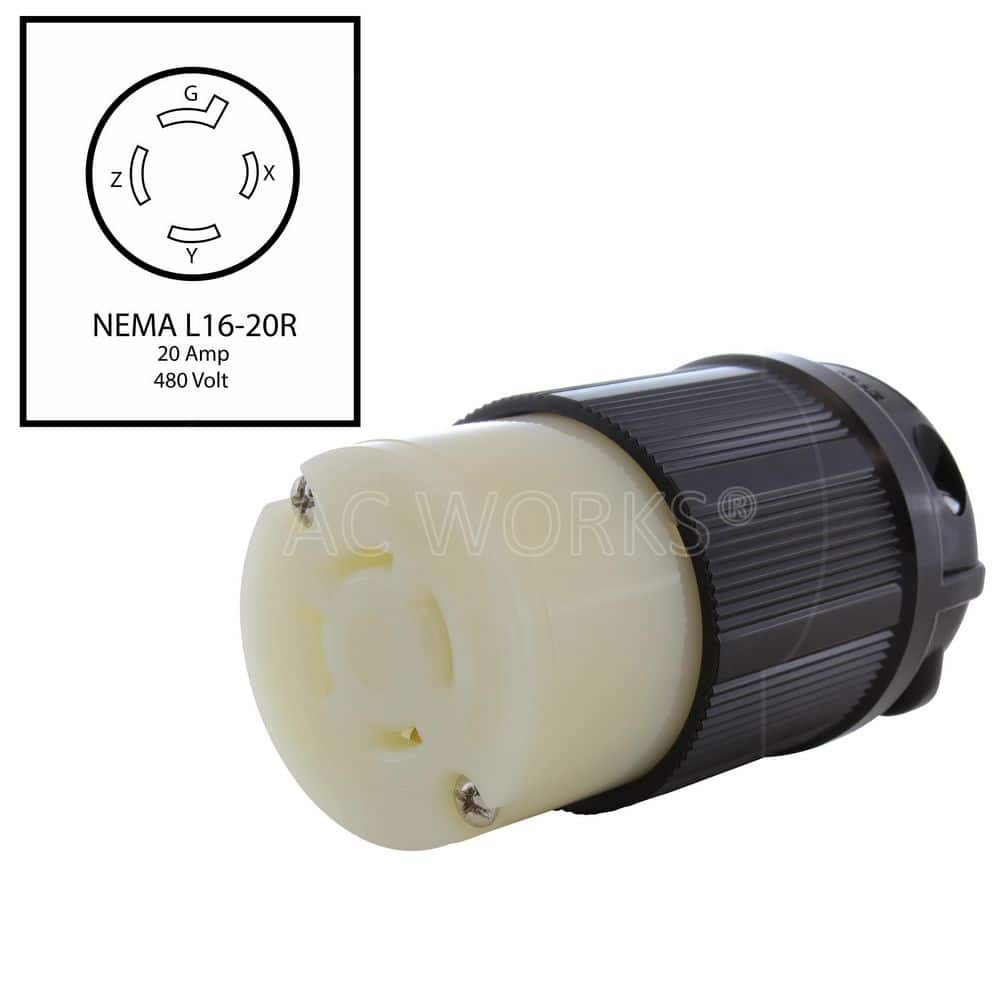 AC WORKS NEMA L16-20R 3-Phase 20A 480V 4-Prong Locking Female Connector in Black with UL, C-UL Approval (2)