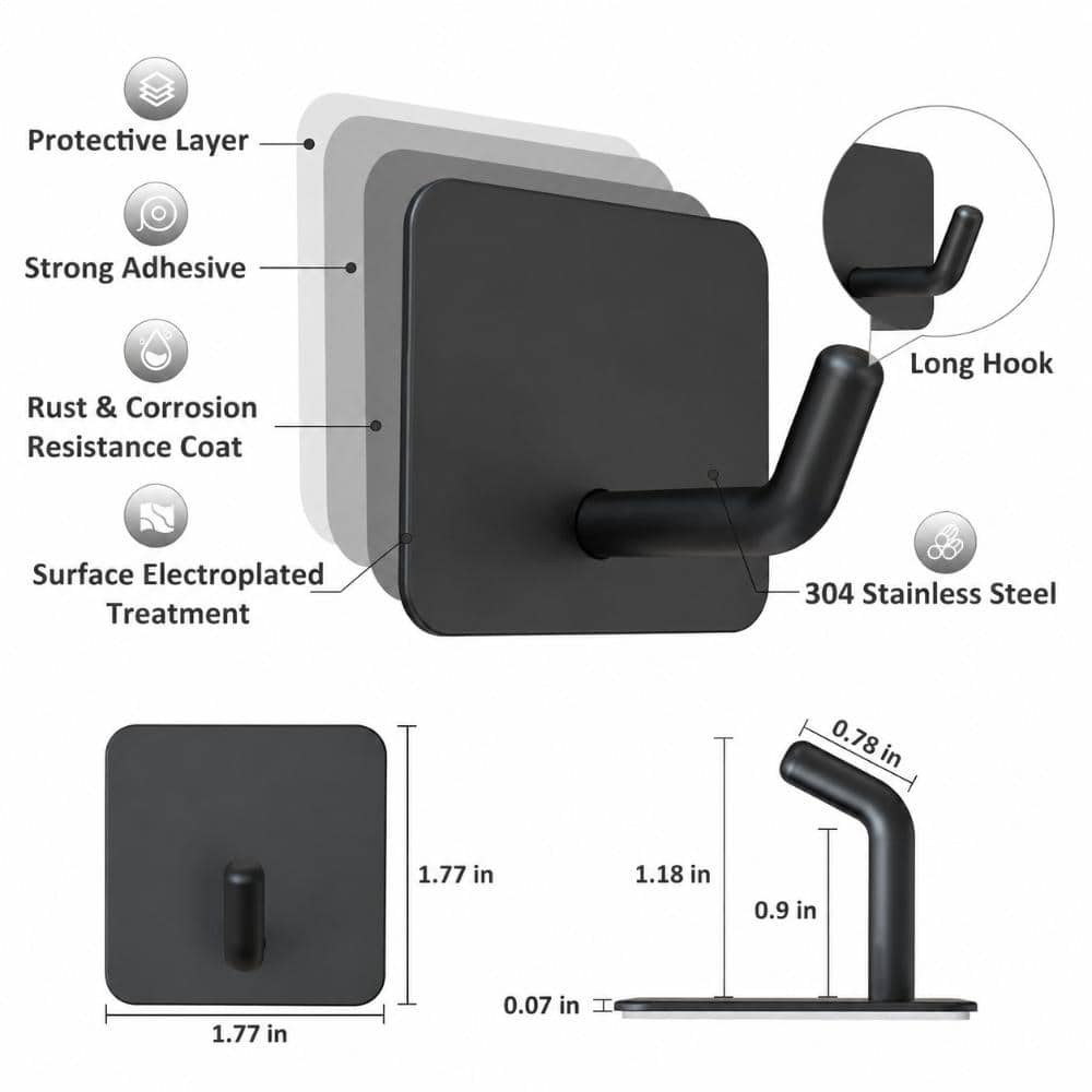Unbranded 4-Pack Heavy-Duty No-Drill Adhesive Matte Black Stainless Steel Waterproof Wall and Shower Hook Sets (3)