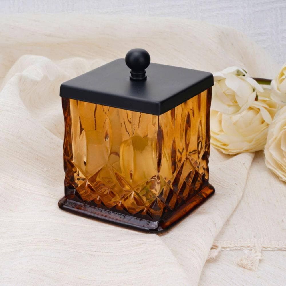 Unbranded 15 oz Square Amber Glass Apothecary Jar with Matte Black Screw Lid for Cotton Rounds and Qtips in Amber (2)