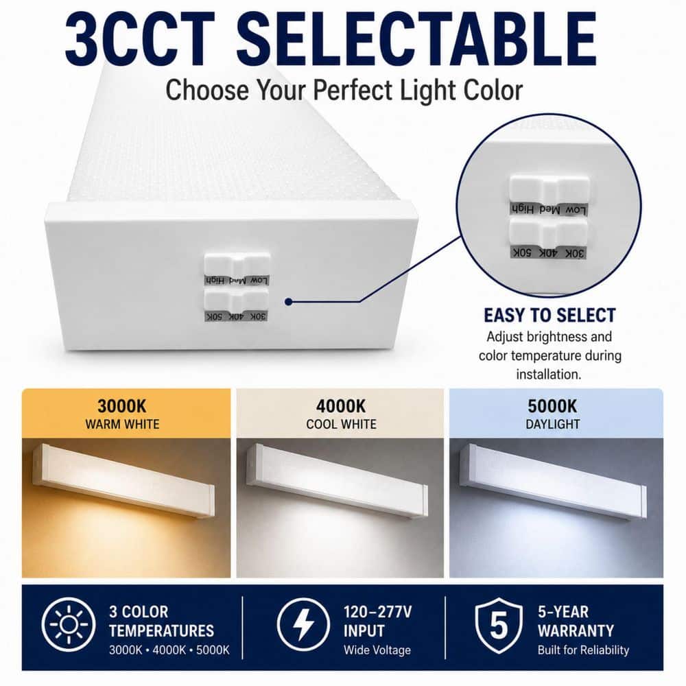Commercial Electric 1-Pack 2 ft. Adjustable Lumen Integrated LED White Prismatic Wraparound Light 3CCT 3000K/4000K/5000K (4)