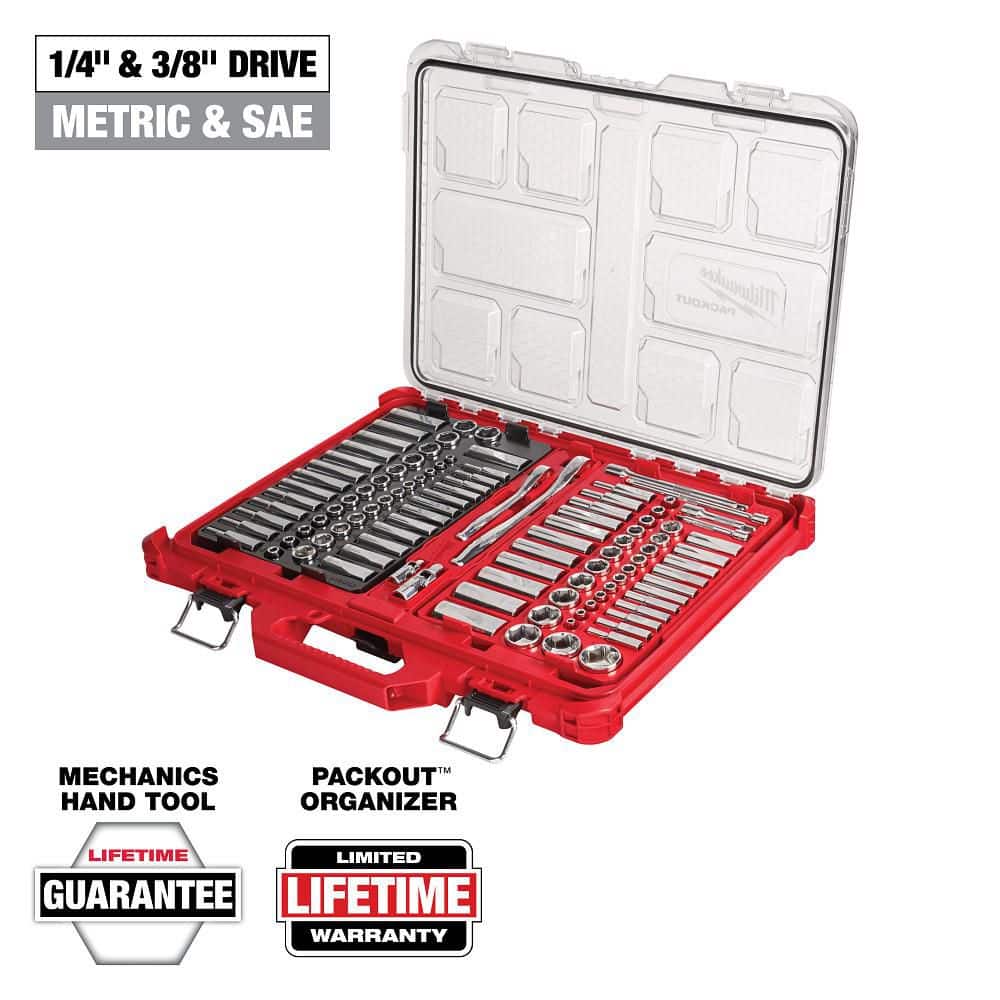 Milwaukee . and 1/4 in. Drive / Ratchet and Socket Mechanics Tool Set w/PACKOUT Case & Mounting Plate (1)