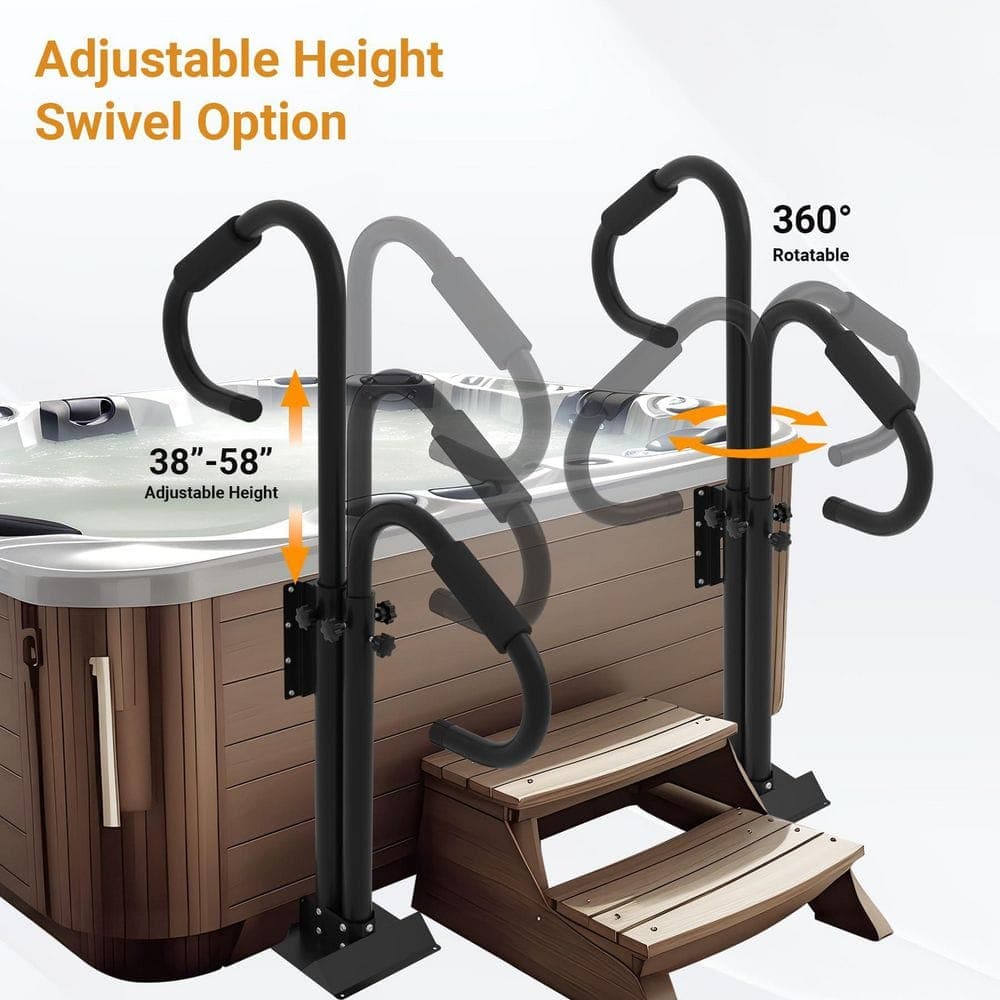 Unbranded 3 ft. Black Powder-Coated Metal Handrail Adjustable Height Swivel Anti-Rust Non-Slip Spa Hot Tub Railing (3)