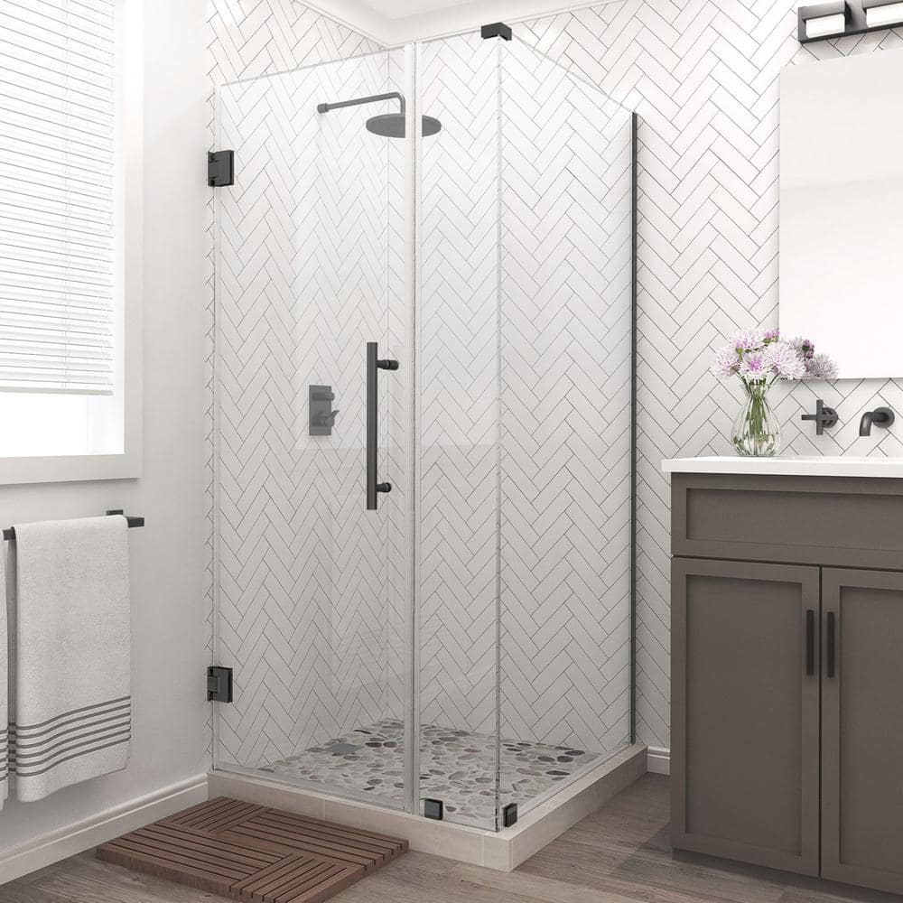 Aston Bromley 29.25 in. to 30.25 in. x 30.375 in. x 72 in. Frameless Corner Hinged Shower Enclosure in Matte Black (2)