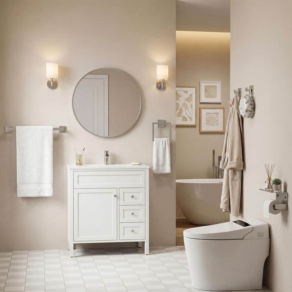 BWE Pieces Bathroom Hardware Accessories Set with Towel Holder, Roll Paper Holder, 2 Hooks, Towel Ring, Brushed (2)