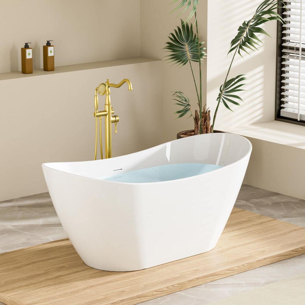 WELLFOR VELA 60 in. x 29 in. Freestanding Acrylic Double Slipper Soaking Bathtub in Glossy White with Chrome Center Drain (1)