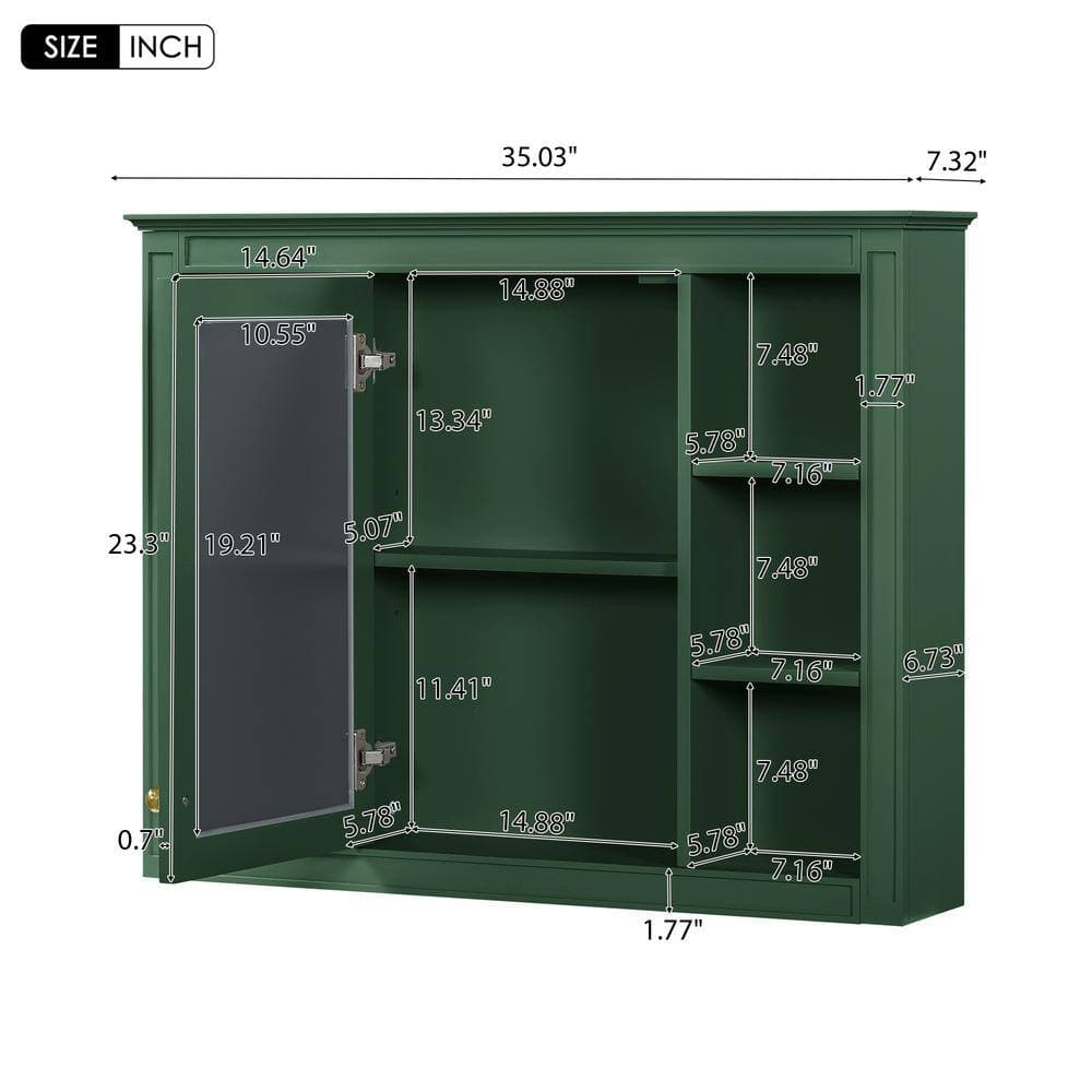 cadeninc 35.03 in. W x 7.32 in. D x 27.5 in. H  Wall Mounted Bathroom Storage Cabinet in Green with Mirror and 6 Open Shelves (2)