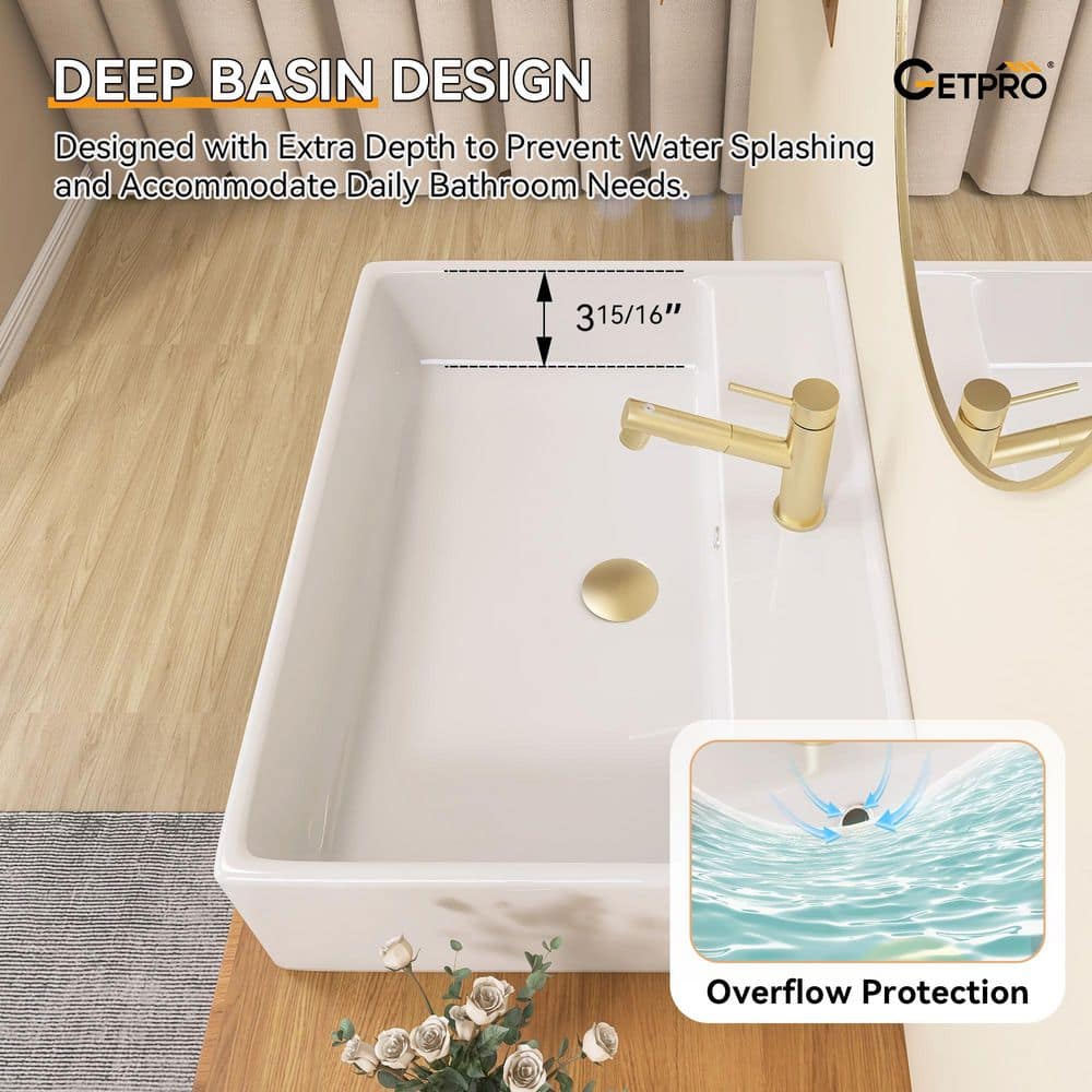Getpro 22.5 in Ceramic Tiny Sink Wall-Mounted Rectangular Bathroom Sink with Single Faucet Hole in White Floating Vessel Sink (3)