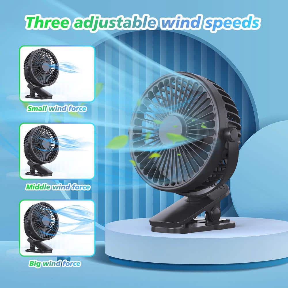 Adrinfly Portable Clip-on Battery Operated 4 in. 3 fan speeds Pedestal Fan in Black, 360° Rotate & Powerful Wind and Low Noise (3)
