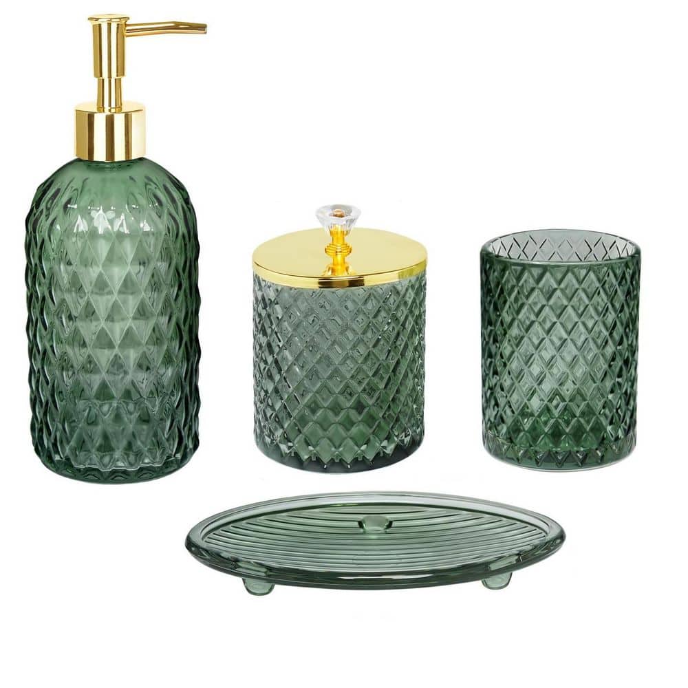 Numhew 4-Piece Bathroom Accessory Set with Lotion Soap Dispenser, Toothbrush Holder, Qtip Holder and Soap Dish in Green