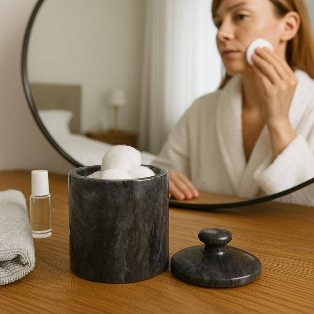 Creative Home Natural Marble SPA Collection Cotton Ball, Q-Tip Swab Holder, Bathroom Organizer Storage Jar Canister in Black (2)