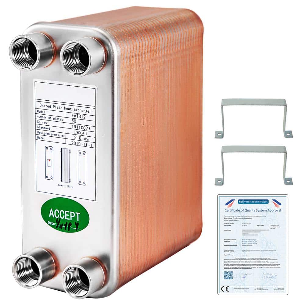 VEVOR Heat Exchanger 3 in. x 7.5 in. 60 Plates 316L BSP FPT Heat Exchanger EATB12 Beer Wort Chiller for Hydronic Heating (1)
