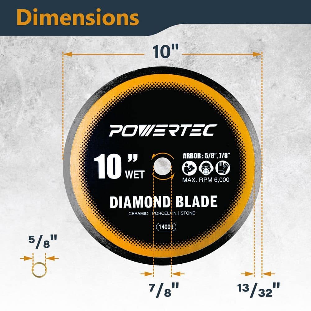 POWERTEC 10 in. Continuous Rim Diamond Blades for Wet Tile Saw - Cutting Ceramic, Porcelain, Natural Stone Tile (2-Pack) (3)