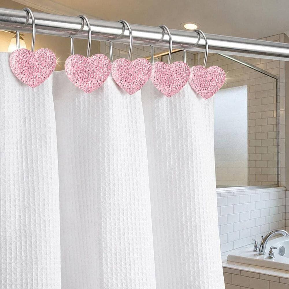 KHKFY Pink Valentine S-Hook Rhinestone Heart Shower Curtain Hooks Set of 12 Decorative Bling Glide Rings in (3)