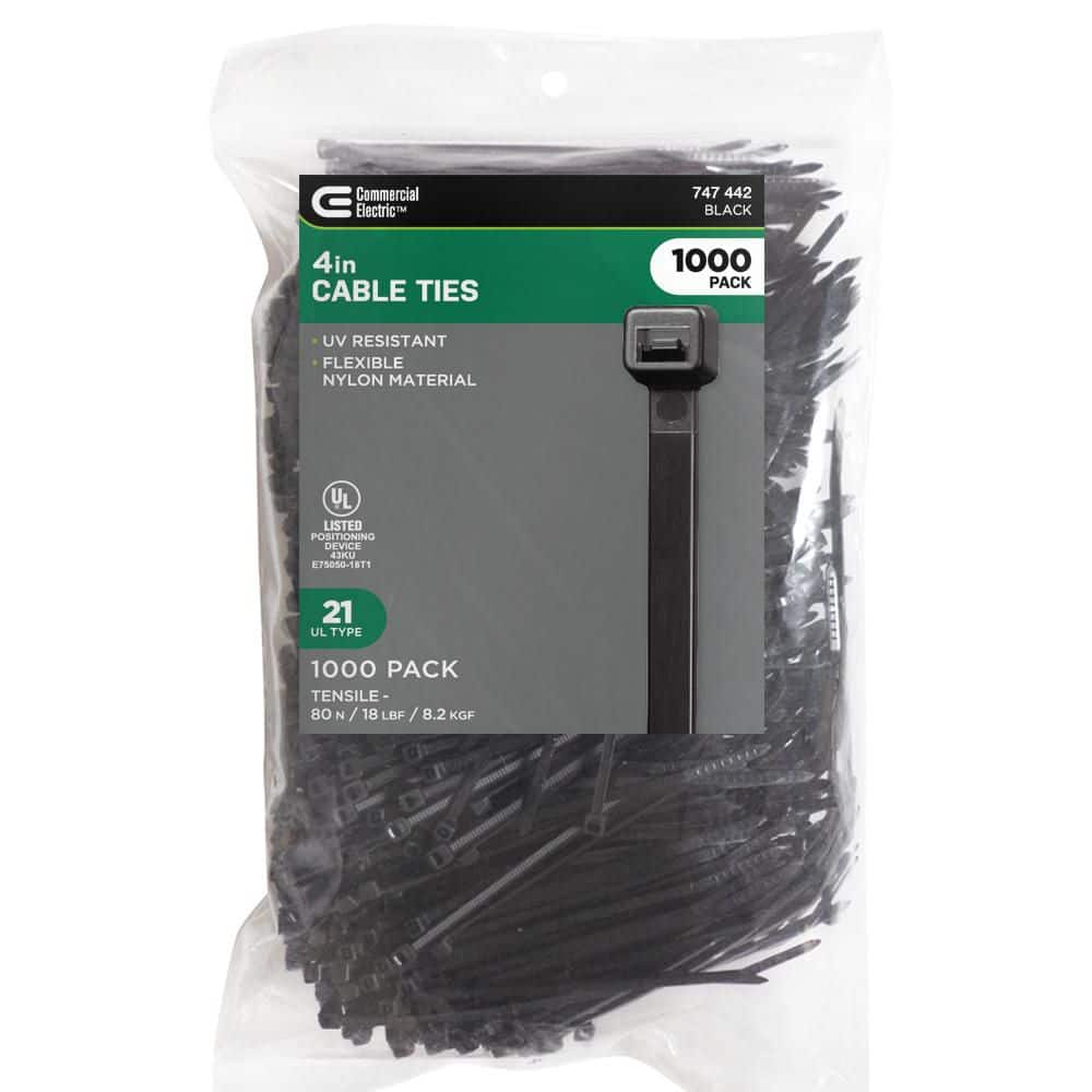 Commercial Electric 4in Miniature Standard UL 21 Rated Cable Zip Ties 1000 Pack UV (Black)
