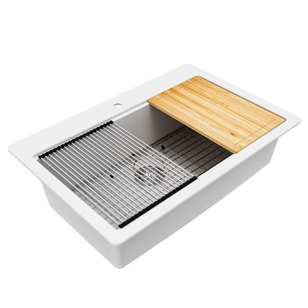 Glacier Bay Stonehaven 33 in. Drop-In Single Bowl White Granite Composite Workstation Kitchen Sink with Accessories