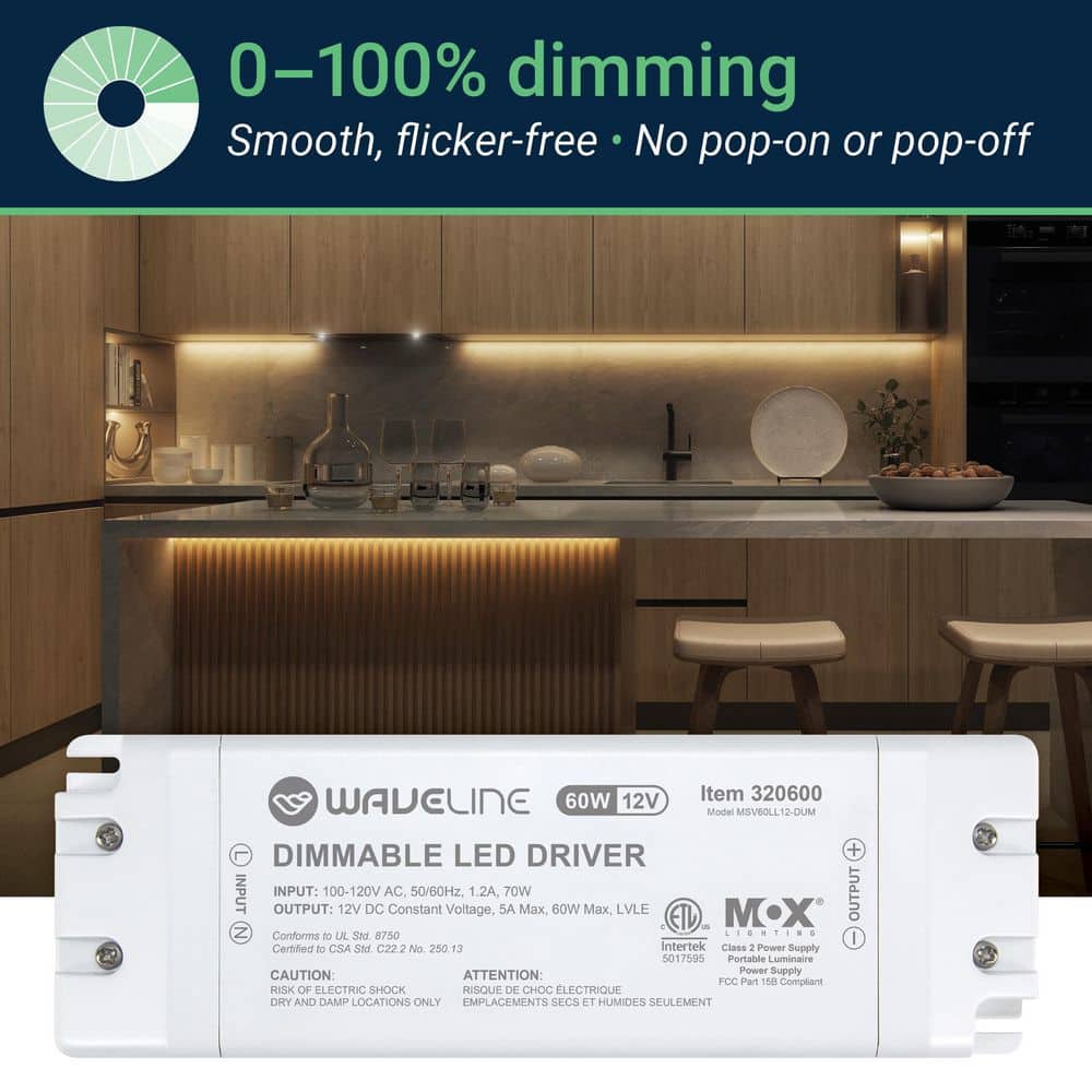 WAVELINE POWER WaveLine White Dimmable Driver Power Supply, TRIAC Dimmer Switch Compatible for LED Lighting-12V, 60W (3)