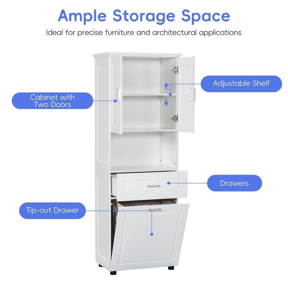 Cesicia 24.72 in. W x 16.29 in. D x 69.92 in. H White Linen Cabinet with Laundry Basket (3)