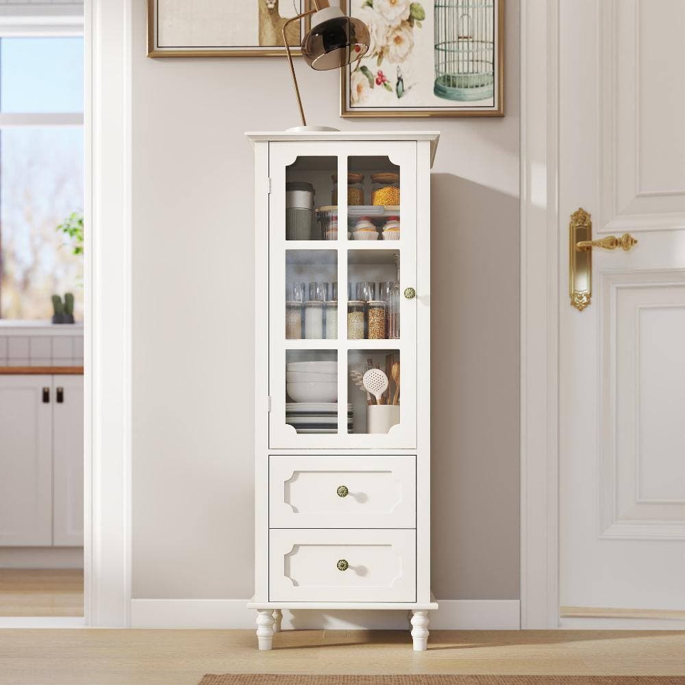 COWLOWN 19.68 in. W x 15.74 in. D x 52.36 in. H White Linen Cabinet with Glass Doors and Double Drawer (2)