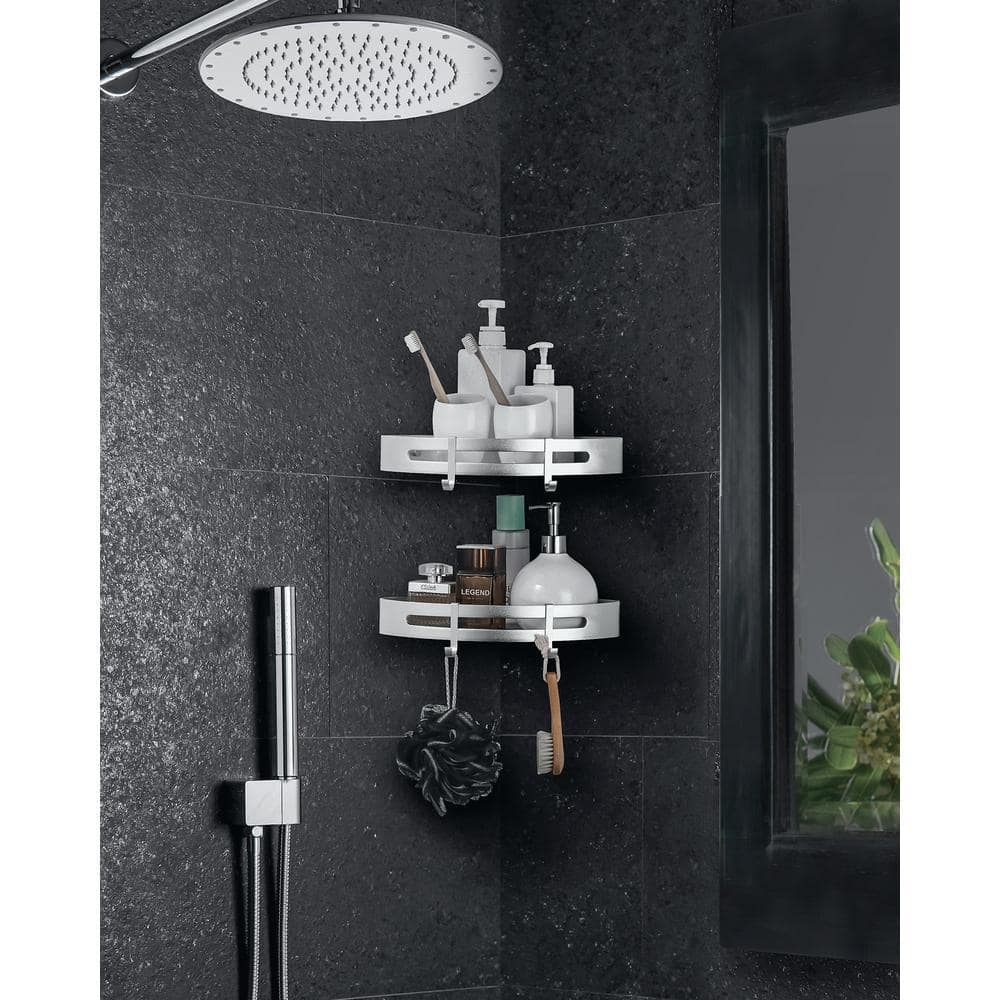 ALEASHA 9 in. W x 2.2 in. H x 9 in. D Wall-Mount Corner Aluminum Adjustable Shelf in Brushed Nickel (2)