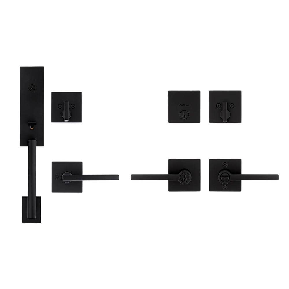Kwikset Vancouver Matte Black Keyed Entry Door Handleset w/ Halifax Entry Handle Combo Project Pack Featuring SmartKey Security