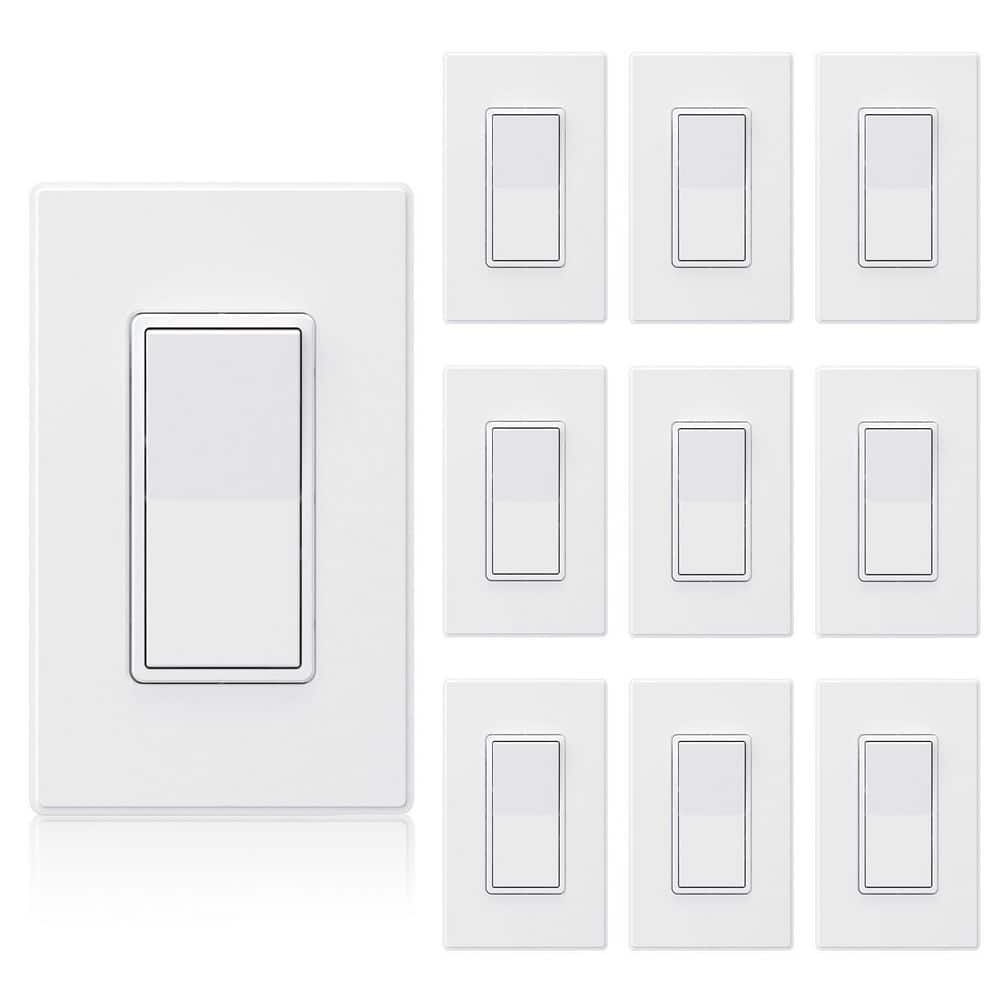 ELEGRP Decorator 15 Amp 120-Volt 3 Way Rocker AC Quiet Light Switch, with Wall Plate, Matt White (10-Pack) (1)