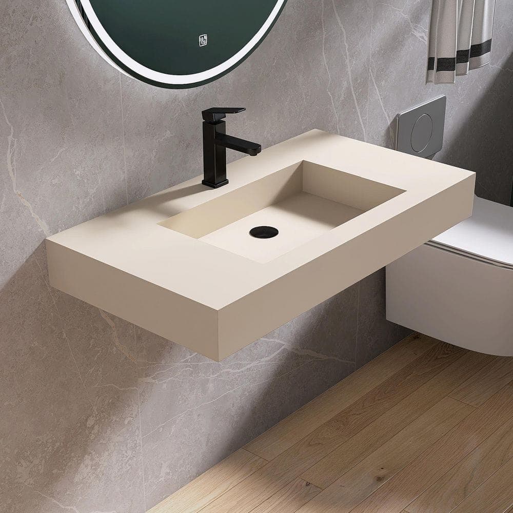 MEDUNJESS 35 in. x 19 in. Solid Surface Wall-Mounted Bathroom Vessel Sink in Cream with Faucet Hole (1)
