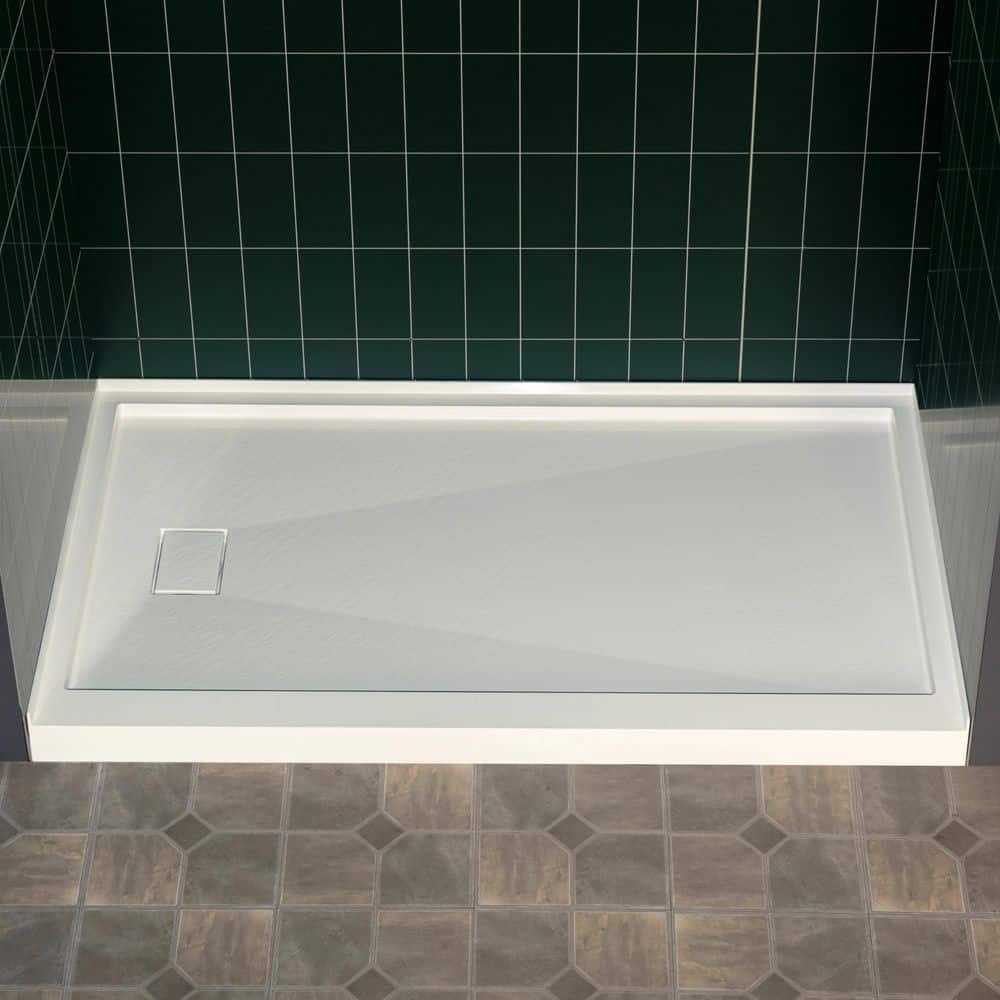 WOODBRIDGE 48 in. L 36 in. W Solid Surface Alcove Shower Pan Base with Drain White, Slip-Resistant and Mold-Resistant