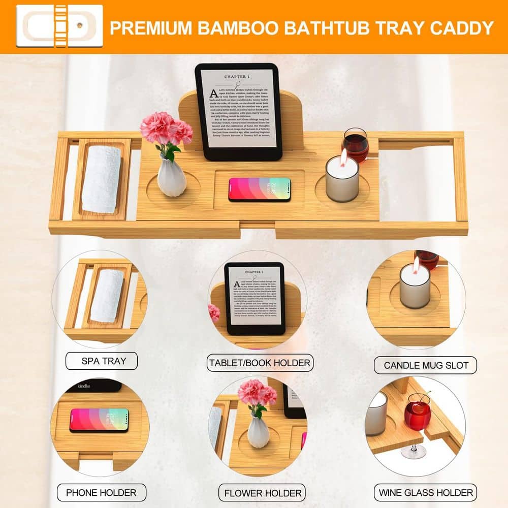 Wudkey Premium Bamboo Bathtub Tray Caddy in Natural Wood, Expand from 27.5 in. to 35.4 in. Slip Resistant Silicone Grip (2)