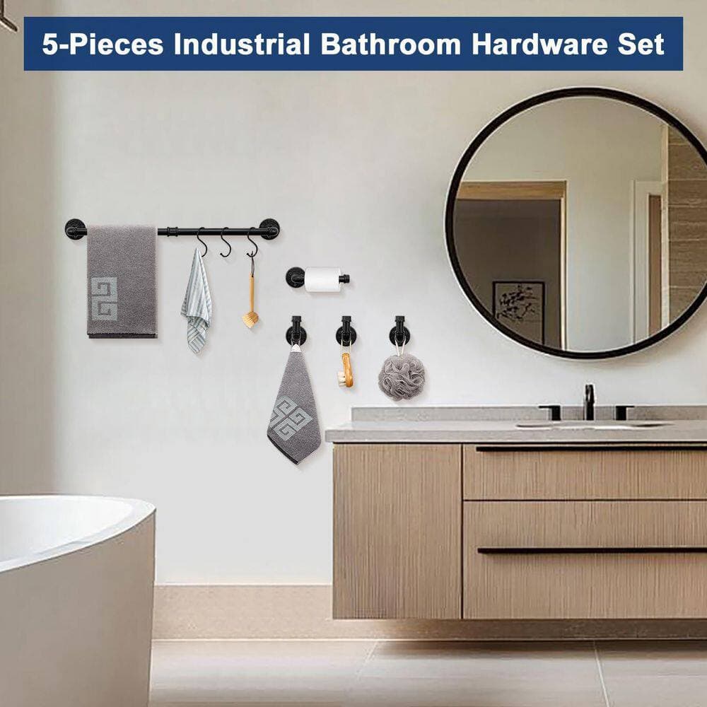 Anqtovp 5-Piece Industrial Pipe Bathroom Hardware Set with 18 in. Towel Bar, Toilet Paper Holder, 3-Hooks in Black (2)