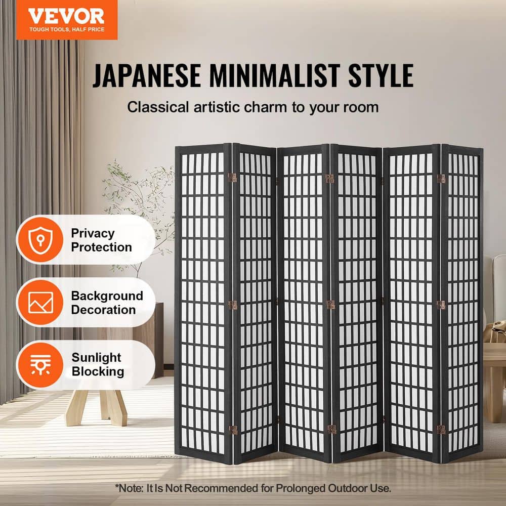 VEVOR Room Divider, 6-Panel Japanese Room Divider, Folding Privacy Screen Indoor, Portable Partition Decoration Screens Black (2)