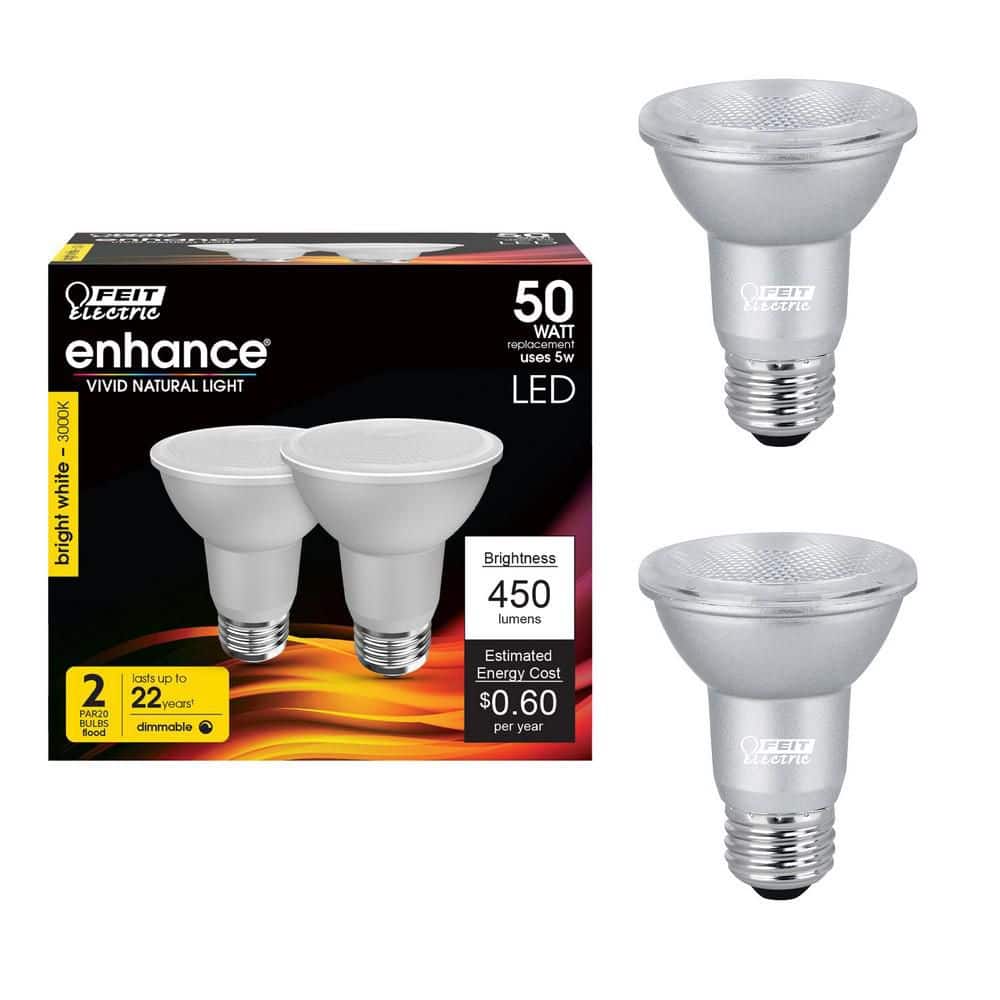 Feit Electric 50-Watt Equivalent PAR20 Dimmable CEC Title 20 90 CRI E26 Flood LED Light Bulb, Bright White 3000K (2-Pack) (2)
