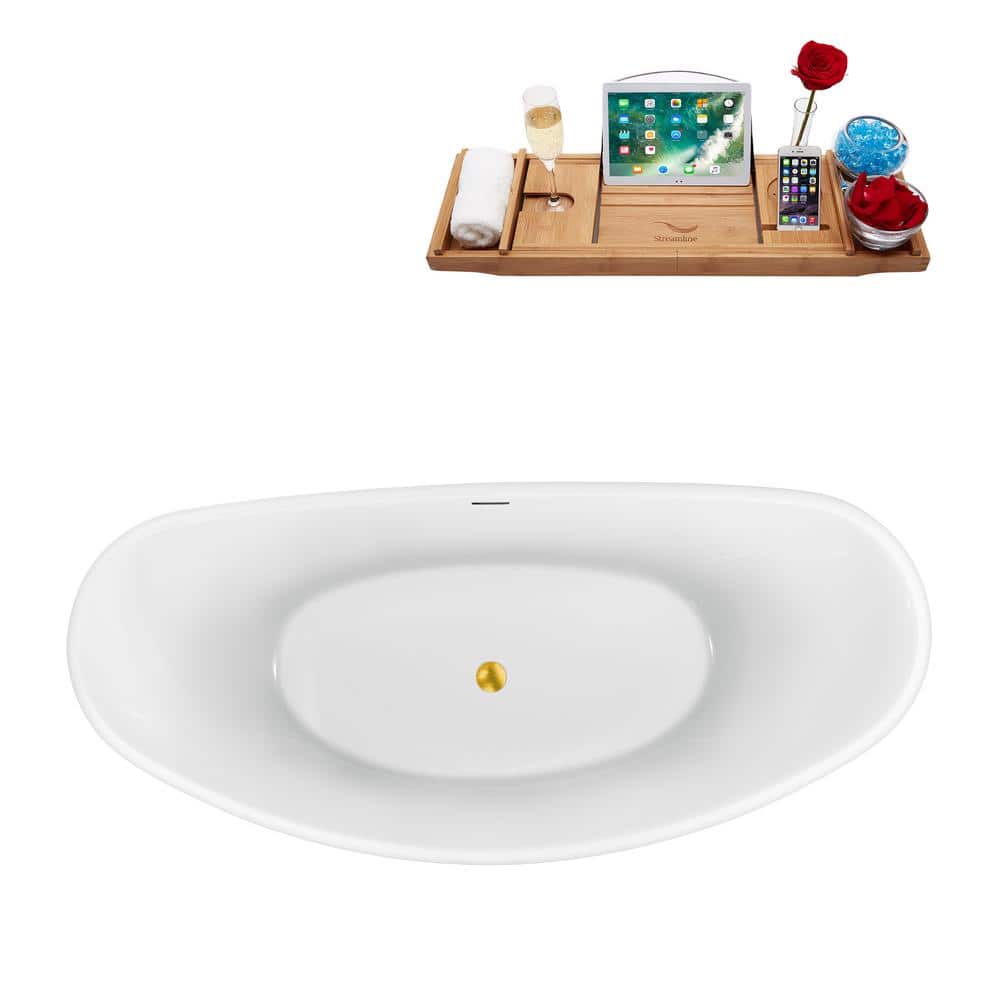 Streamline 75 in. Acrylic Freestanding Flatbottom Non-Whirlpool Bathtub in Glossy White with Polished Gold Drain (3)