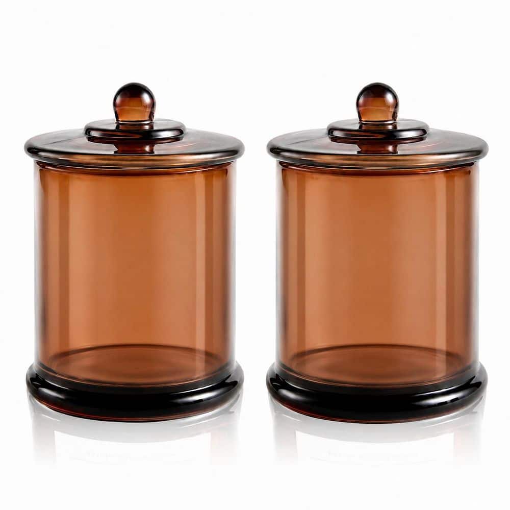 KHKFY 2-Pack Amber Glass Q-Tip Holder Dispenser with Airtight Lids, 16 oz. Vanity Bathroom Storage Jars Qtip