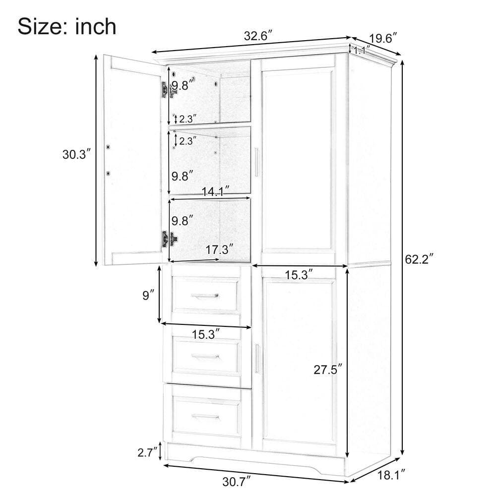 Unbranded 32.6 in. W x 19.6 in. D x 62.2 in. H Grey MDF Freestanding Linen Cabinet with 3-Drawers for Bathroom Storage (3)