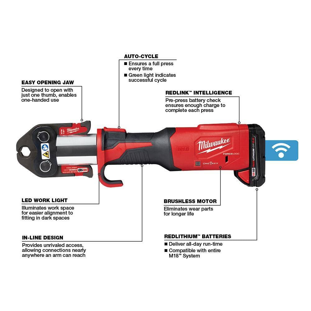 Milwaukee M18 Lithium-Ion Brushless Cordless Copper FORCE LOGIC Press Tool Kit with Jaw Kit & M18 FUEL PACKOUT 2.5 Gal Wet/Dry Vac (2)