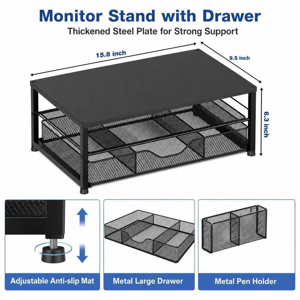 Numhew Vanity Organizer in Black, Desk Organizer, 2-Tier Computer Monitor Stand Riser with Drawer and 2 Pen Holders (2)