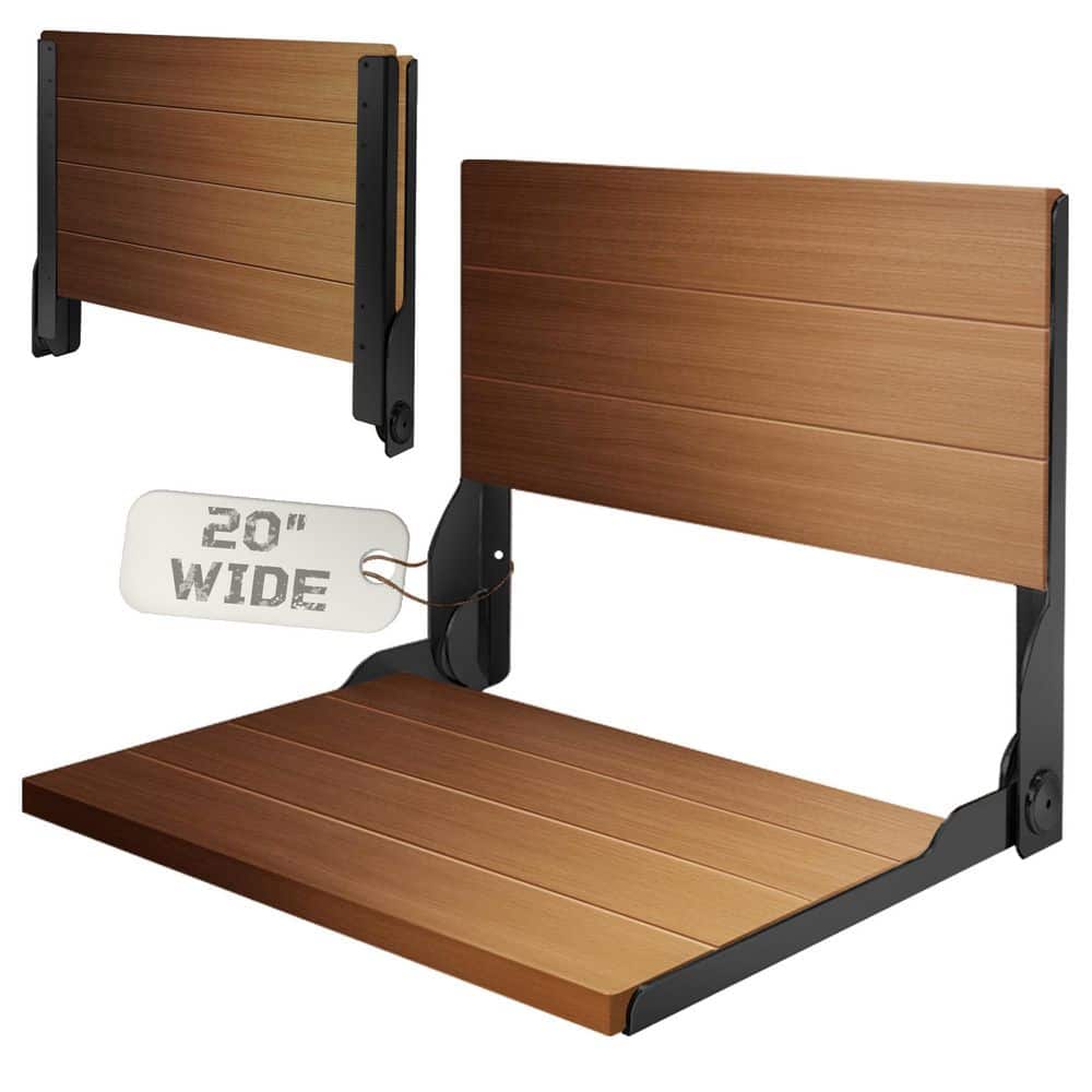 Wudkey 20 in. W Folding Large Heavy-Duty Wall Mount Solid Teak with Stainless Steel Hardware Shower Seat in Black (1)