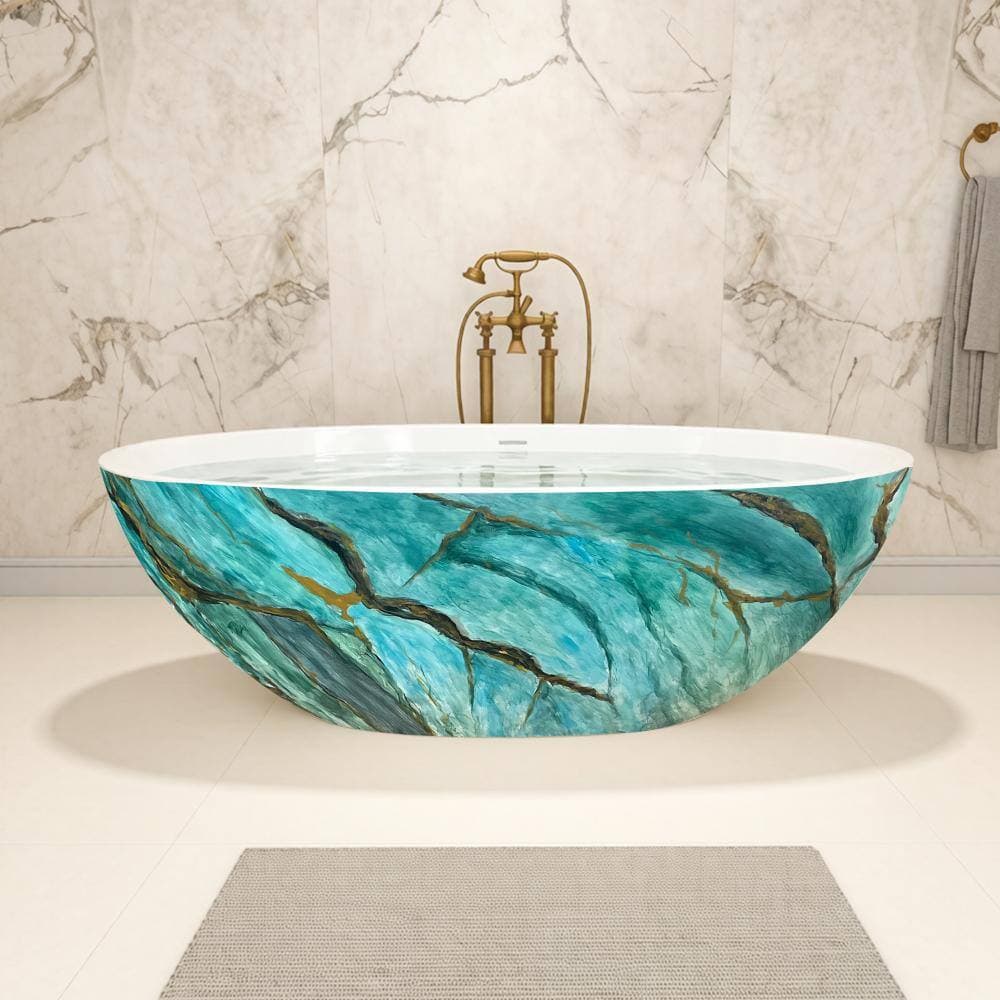 Stivier 65" Resin Stone Soaking Tub – Green Exterior with Gold Veining & White Interior : Freestanding Solid Surface Bathtub (2)