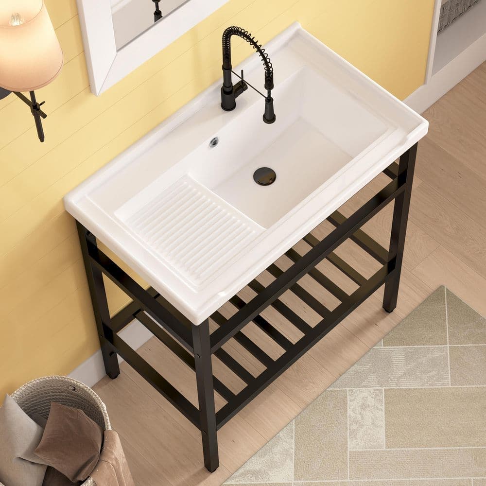 Eridanus Branson 32 in. W x 19 in. D Freestanding Vitreous China Utility/Laundry Sink with Cabinet (Faucet Not Included), White (1)
