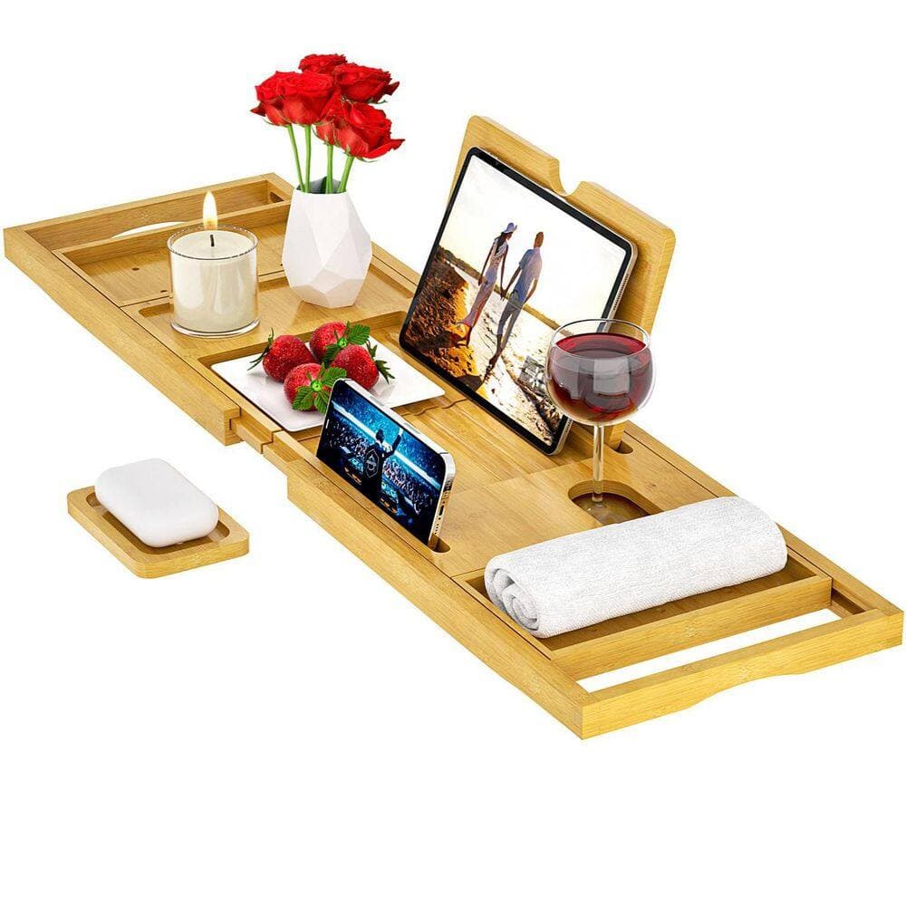 Numhew Premium Bamboo Bathtub Tray Caddy with Expandable Sides in Natural Brown, Fits Most Bath Tubs, Non-Slip Design (2)