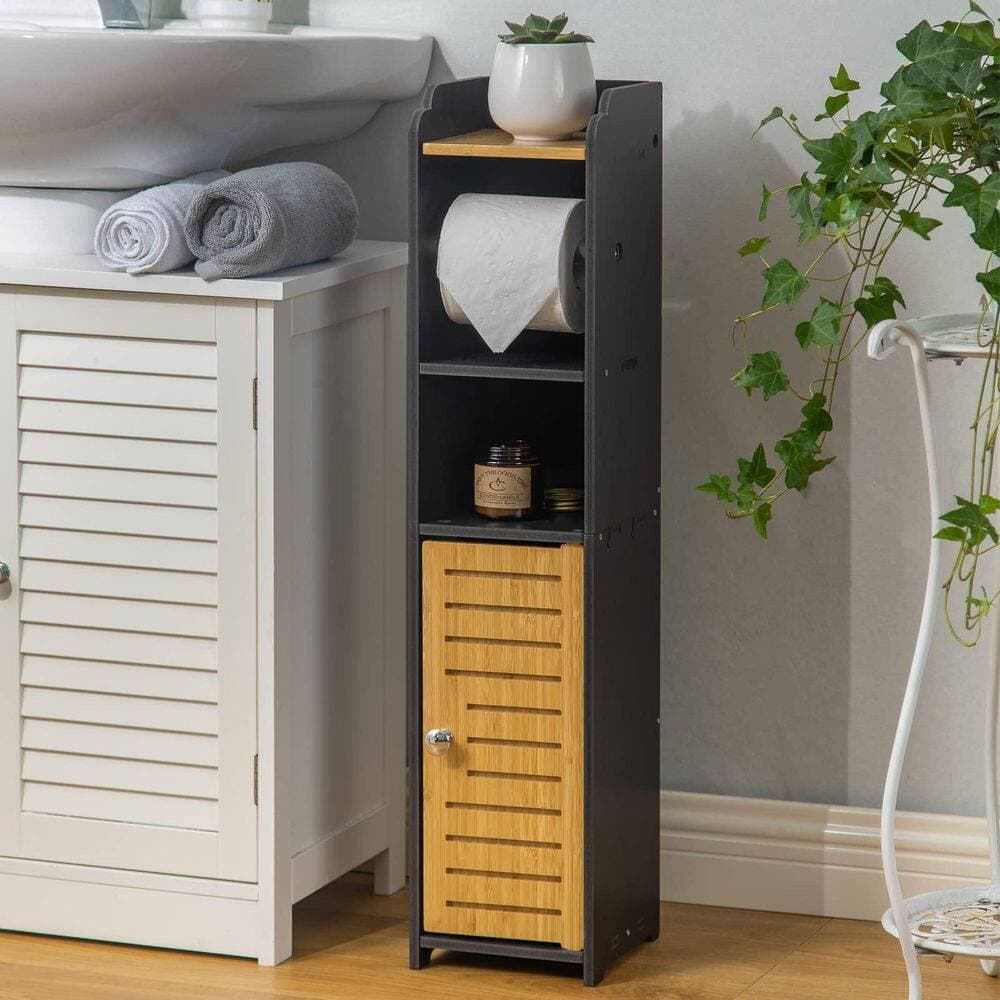 Numhew No Drill PVC Small Bathroom Cabinet for Apartment Dwellers, Toilet Paper Holder Stand, Black (2)