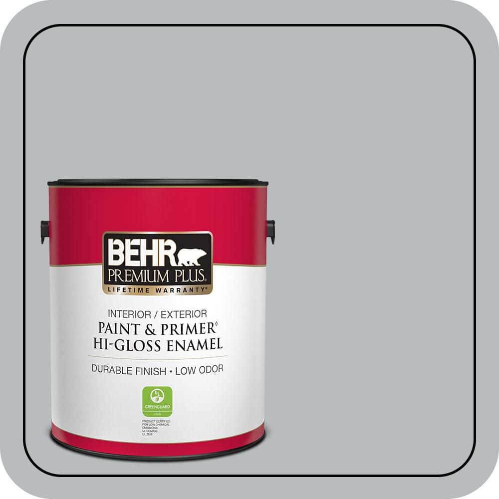 BEHR PREMIUM PLUS 1 gal. #PPU18-05 French Silver Hi-Gloss Enamel Interior/Exterior Paint & Primer (1)