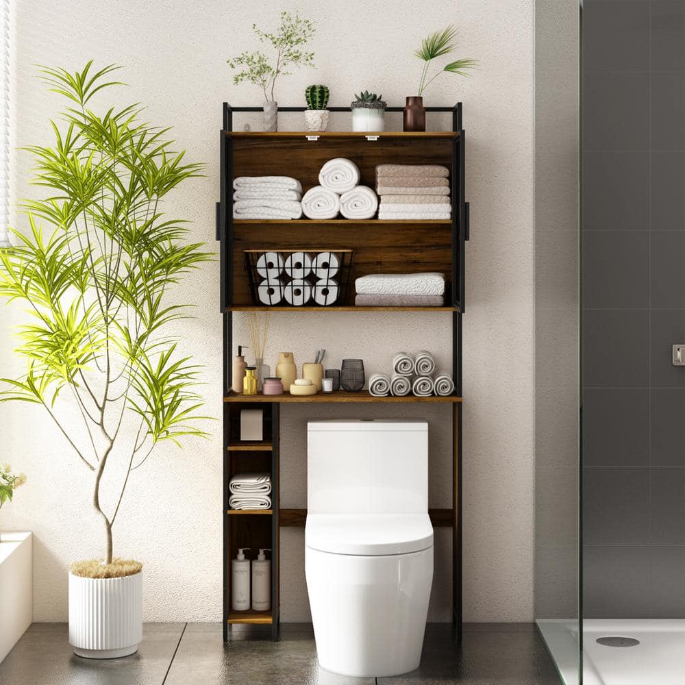 FUFU&GAGA 31.5 in. W x 70.9 in. H x 9.8 in. D Brown Over The Toilet Storage with Metal Mesh Doors and Adjustable Shelves (3)