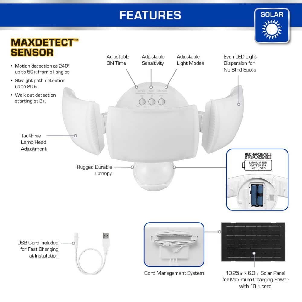 Defiant MaxDetect 240° White Motion Sensor Solar Powered Outdoor Security Light 3-Head Flood Light Integrated LED 2100 Lumens (4)