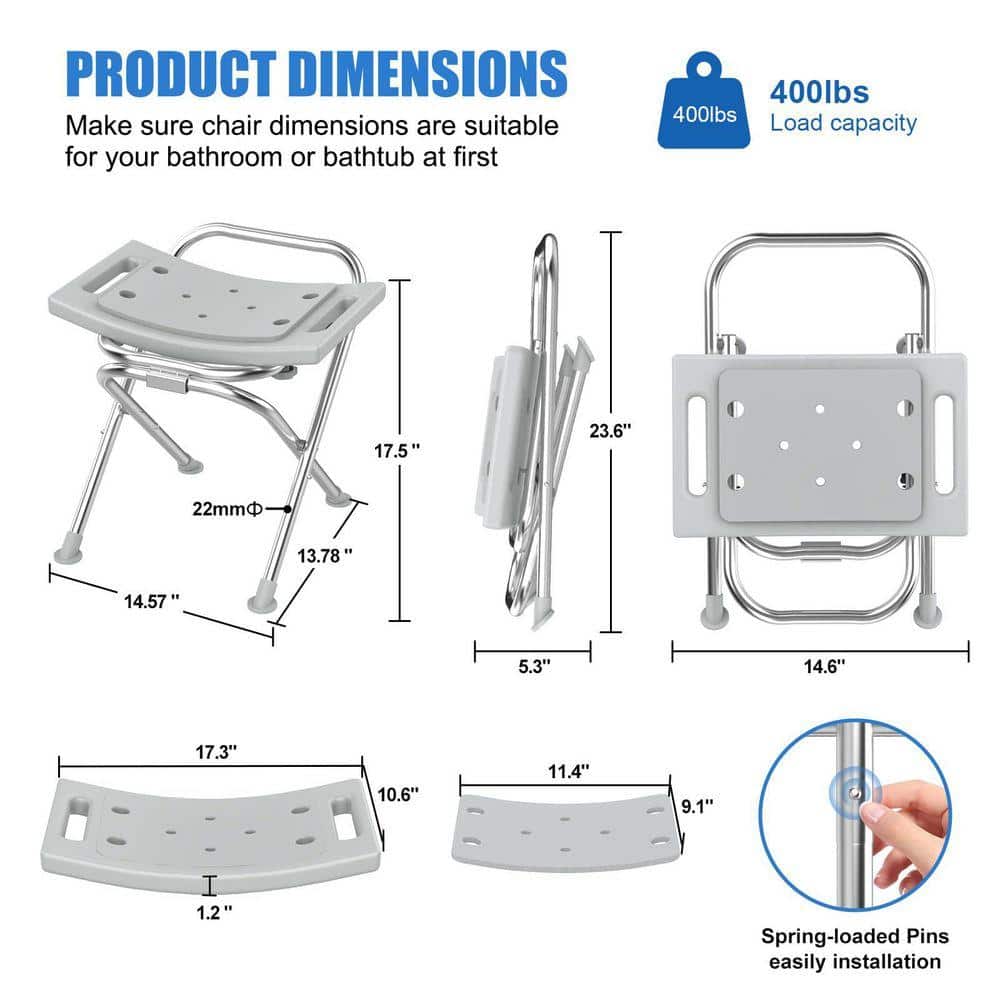 Lynzavix 17.5 in. W Folding Shower Chair Stainless Steel Anti-Slip Seat with Pad for Seniors Disabled Gray Freestanding (3)
