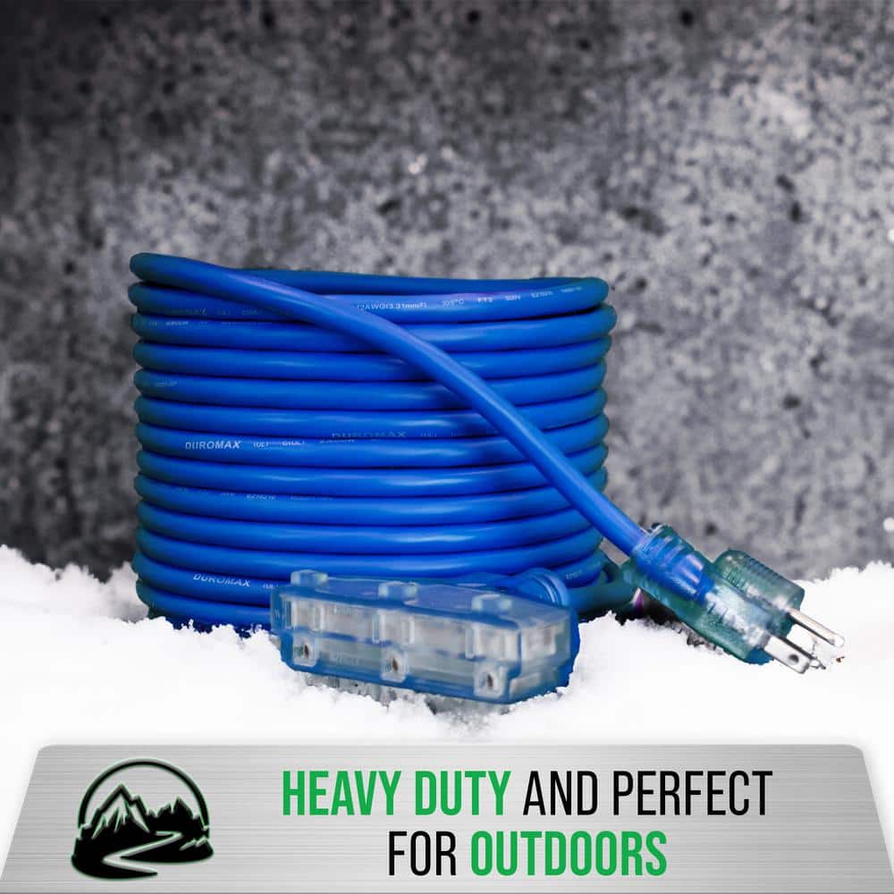 DUROMAX 100 Ft 12/3 SJEOOW 15 Amp 120-Volt 1875-Watt Indoor/Outdoor -58° F - 221° F Triple Tap Blue Lighted Extension Power Cord (3)