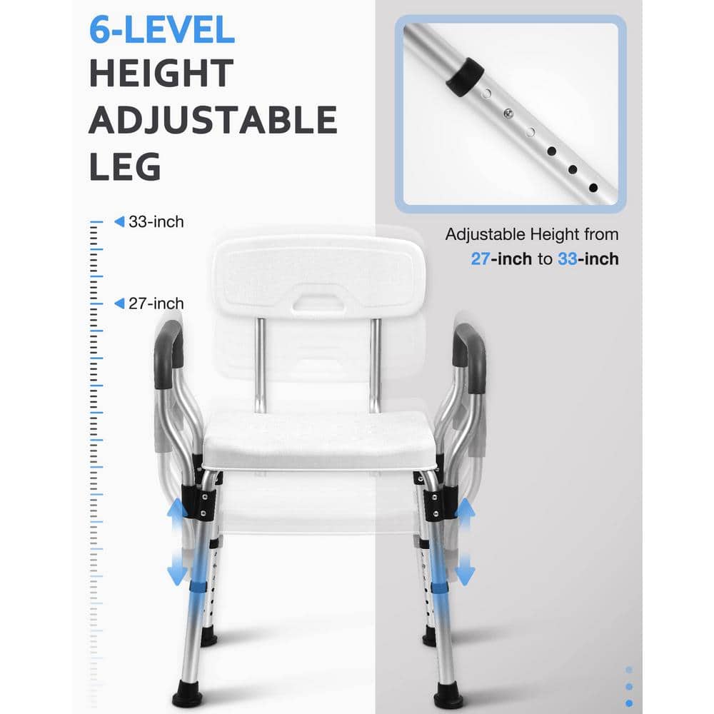 Numhew Aluminum Shower Chair in White with Arms for Handicap, Heavy Duty Shower Seat with Back for Elderly (3)